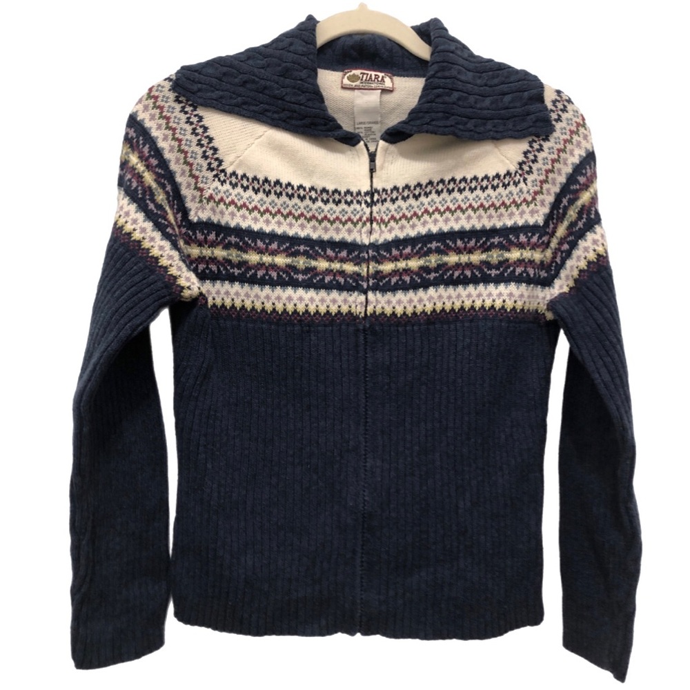 Tiara International winter sweater Blue White zipper